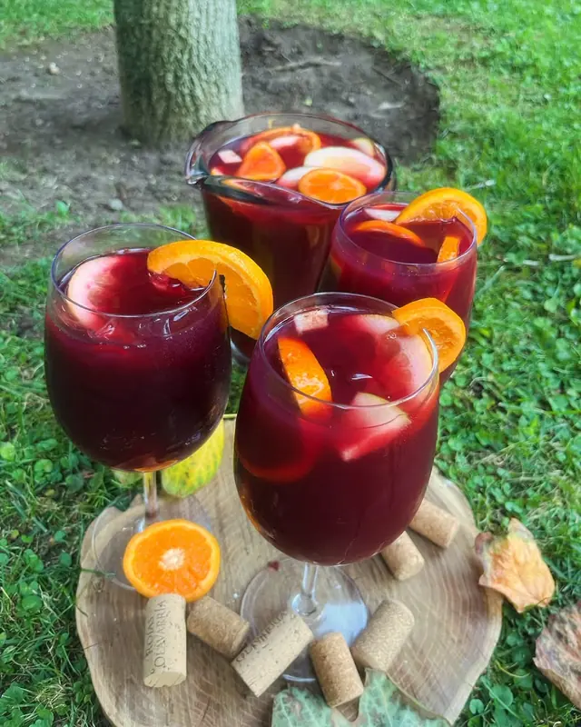 Jarra y tres copas de La Colora con naranja en el jardín